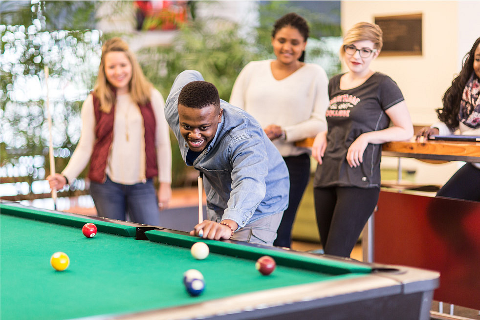 Campbell Student Union features a comfortable campus living room, space to eat and study, foosball and pool tables, a theatre, student ar...