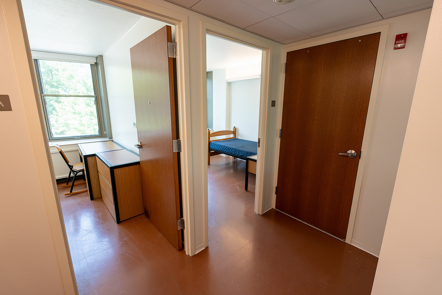 An empty double dorm in The Oaks.