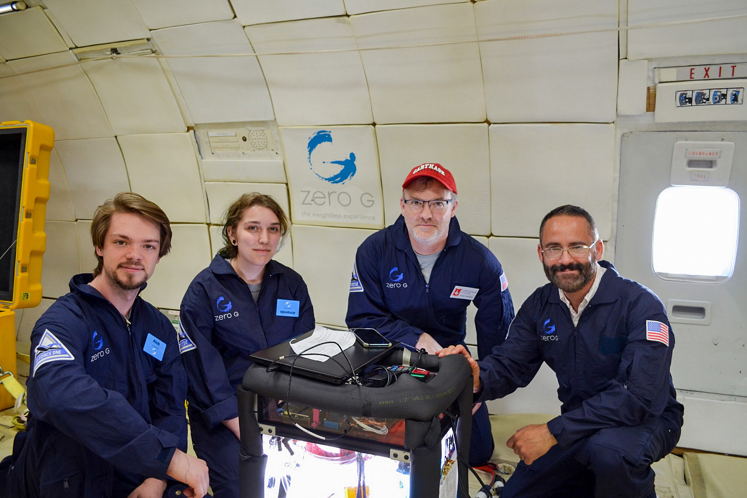 Carthage Microgravity Team and NASA Engineer Edwin Cortes during a zero-g flight.