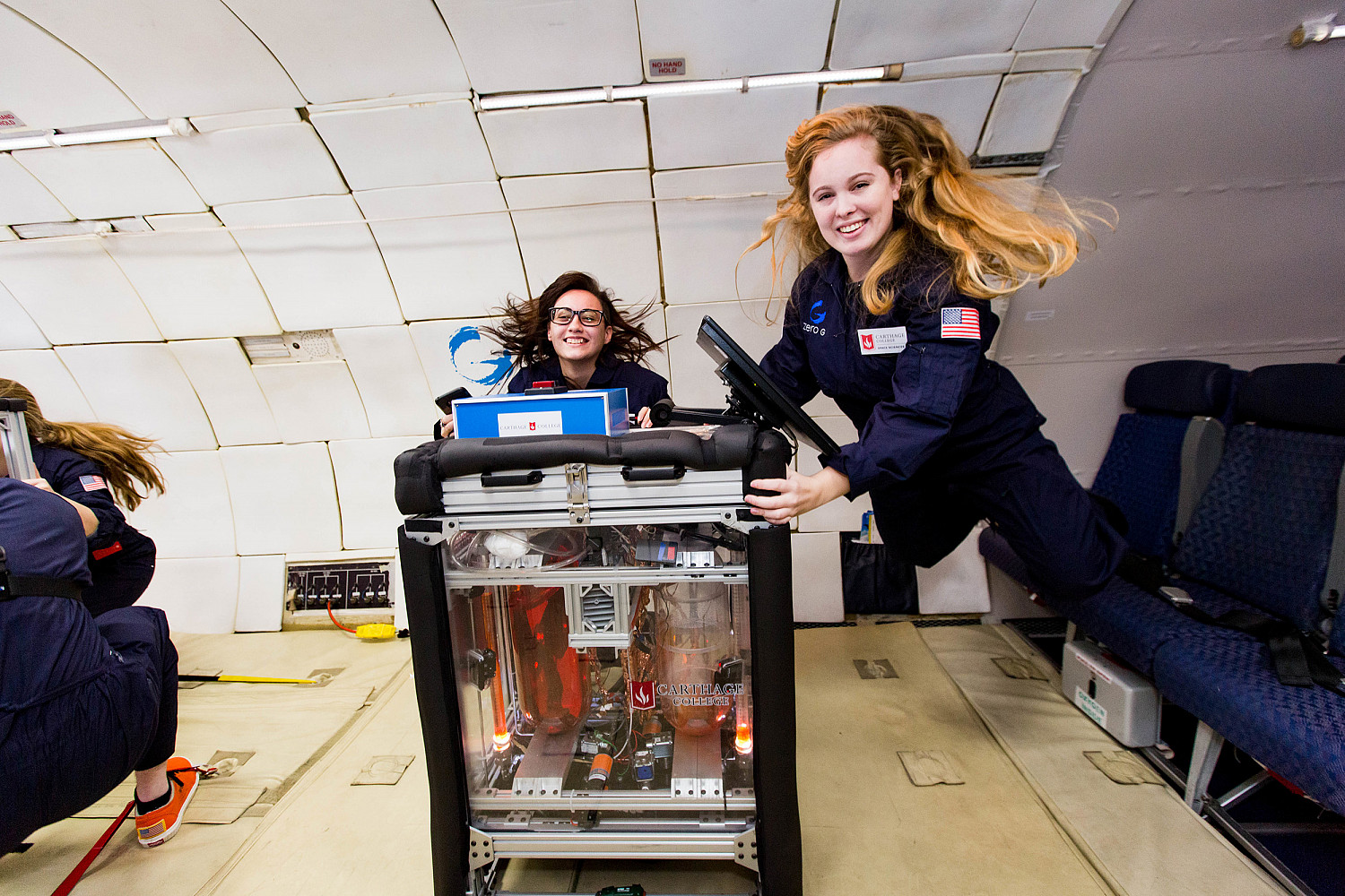 The Carthage Microgravity Team testing their Magneto-active Slosh Control (MaSC) experiment on a zero-g flight.