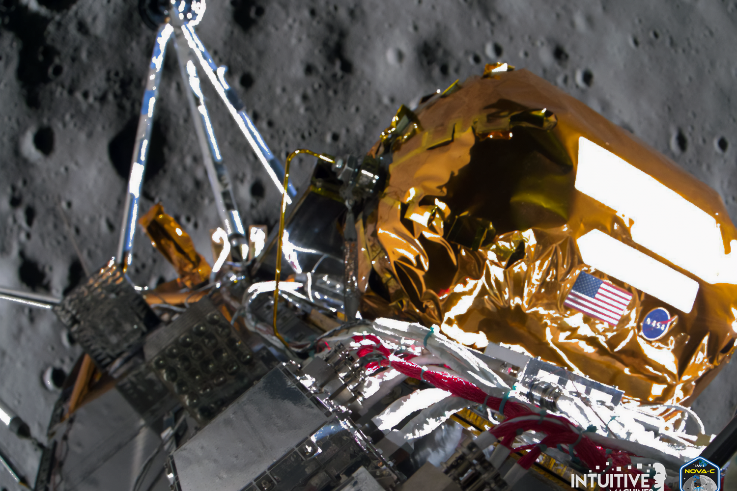 Intuitive Machines Nova-C Odysseus lunar lander after its successful touchdown on the Moon. Carthage's Modal Propellant Gauging technolog...