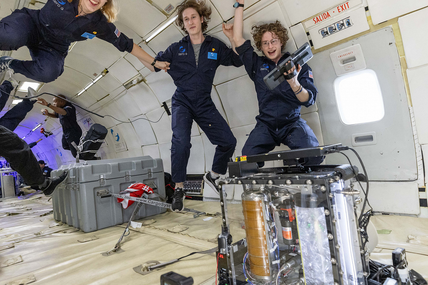 Carthage space science students testing the team's Microgravity Ullage Detection (MUD) payload experiment on its first zero-g flight.