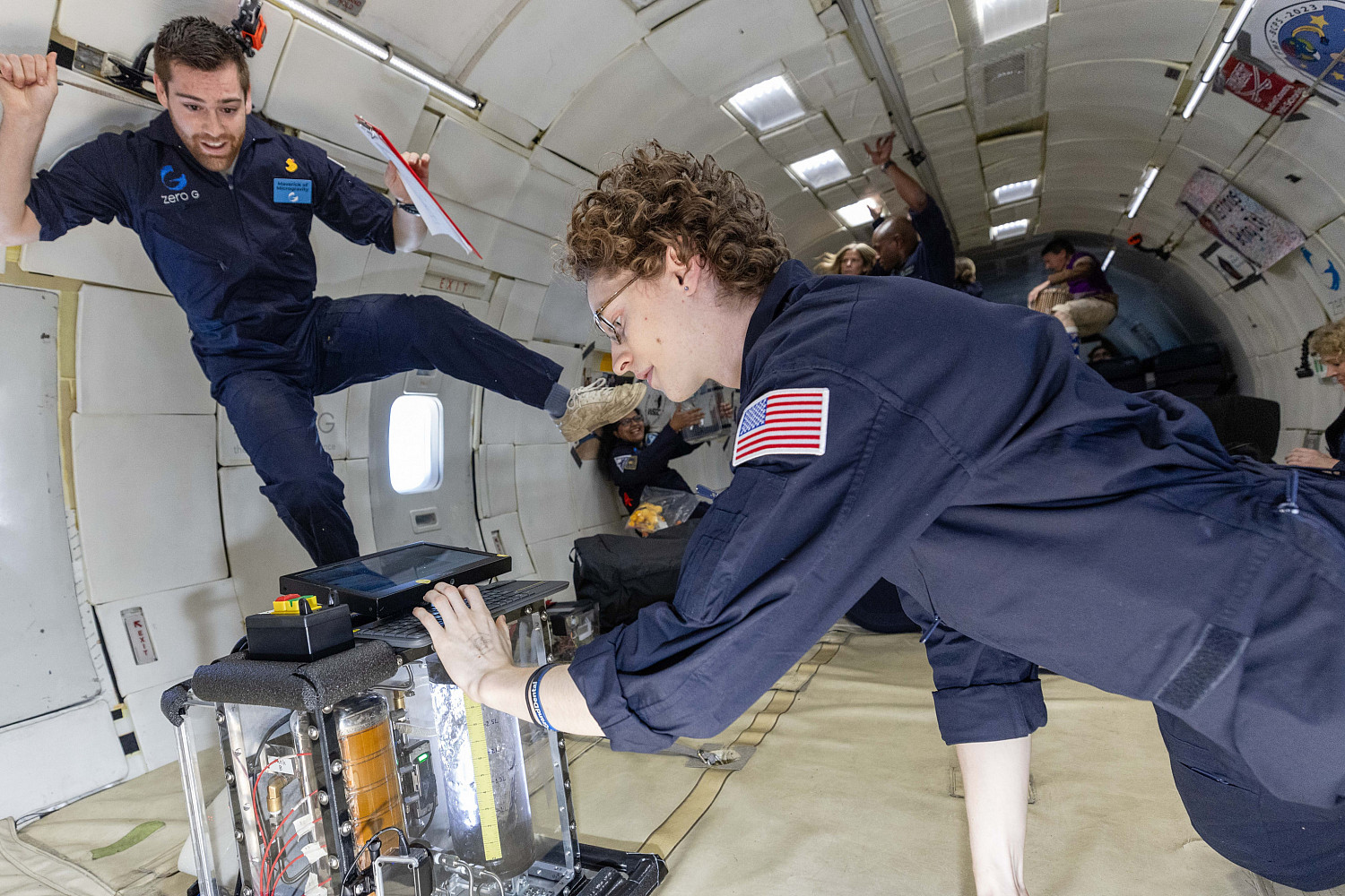 Carthage space science students testing their Microgravity Ullage Detection (MUD) experiment on a zero-g flight.