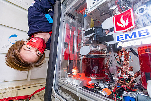 The Microgravity Team study their experiment during their zero-g flight.