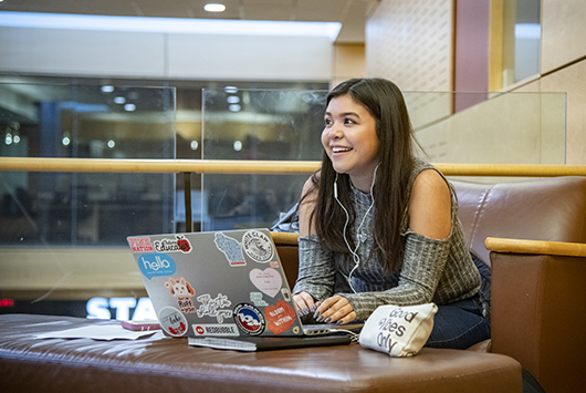 A student works on her laptop in the A. W. Clausen Center for World Business.