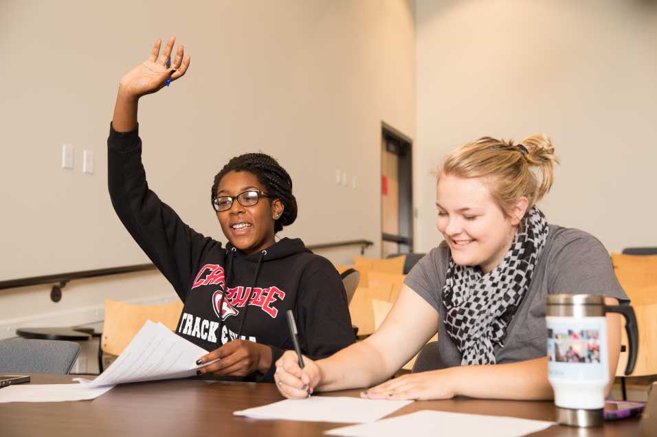 Student raising their hand in a classroom.