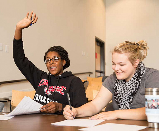 Student raising their hand in a classroom.