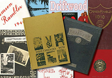 A pile of past Carthage yearbooks.