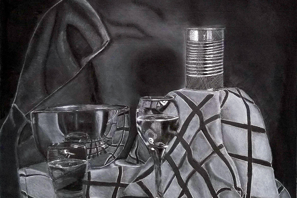 White and black charcoal on black paper, Drawing I, Fall 2018, Kyla Phillips '20