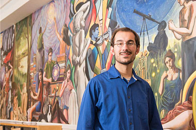 Art major Paul Salsieder's art mural in Hedberg Library, 2017.