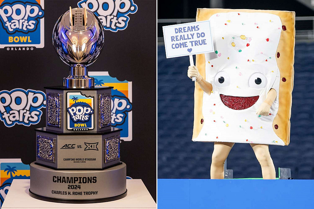Left: The Pop-Tarts Bowl trophy, with a functioning toaster shaped like a football. Right: A person in a Pop-Tart costume holding a sign.