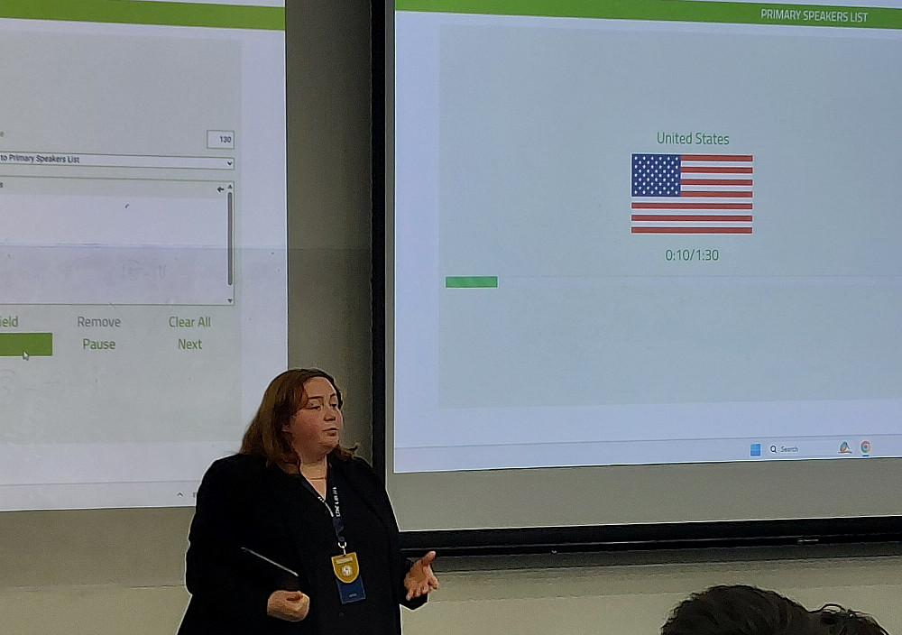 Sarah Smith '26 representing the United States of America in the Special Political and Decolonization Committee (SPECPOL).