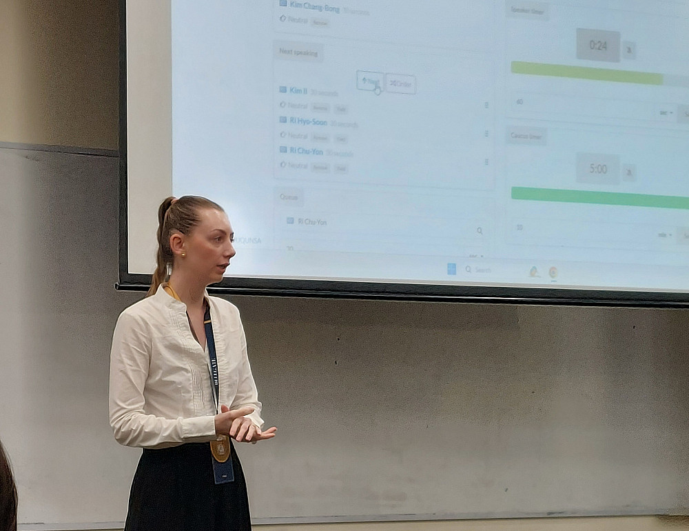 Marion Pognat '26 representing Kim Chang-Bong, North Korea's Minister of Defense in the Joint Cabinet Crisis (JCC).