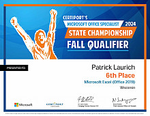 Certiport's Microsoft Office Specialist 2024 State Championship Fall Qualifier: Patrick Laurich '26, 6th Pace, Microsoft Excel (Office 20...