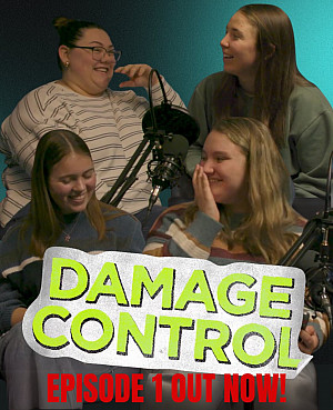 Four students with podcasting equipment