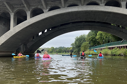 Carthage history seniors kayak along the Root River in Racine, Wisconsin.