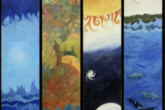 A four-paneled drawing of the ocean, forests, and space.