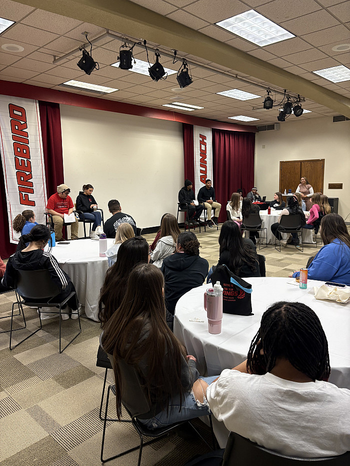 Carthage Bound panel with Prof. Julius Crump, Prof. Michele Hancock, Endia Robbins, and Carthage students.