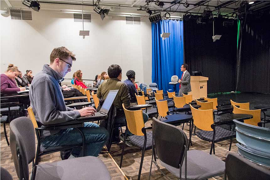 The Niemann Media Theater, located in the lower level of the library, has theatre-style seating. The room features full media including s...