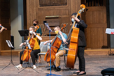 Band members performing in the A. F. Siebert Chapel.