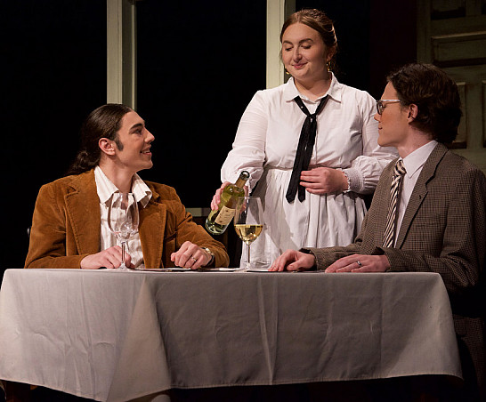 Nicky Caldwell, Becca Robertson, and Carson Flemming in Carthage Theatre's production of Betrayal in 2021.