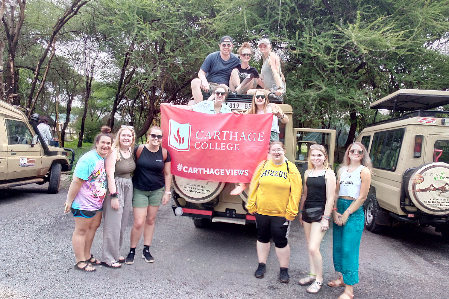 A group photo of students on the study tour to Tanzania.