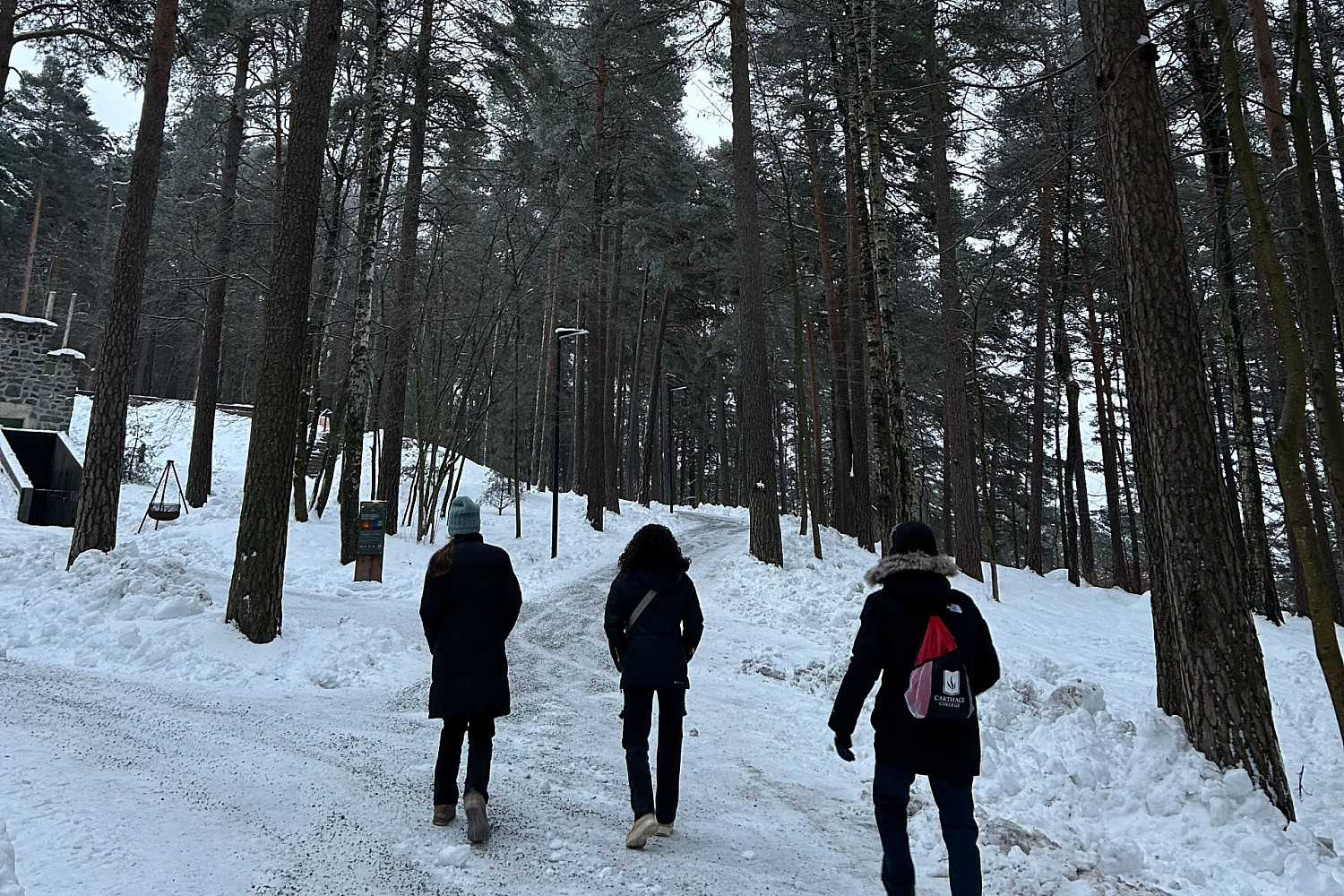 Students walking through a snow-covered forest.