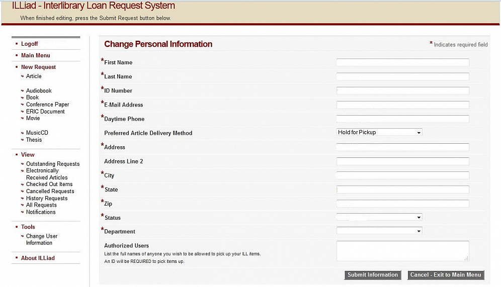 Interlibrary Loan - Change Personal Info screen