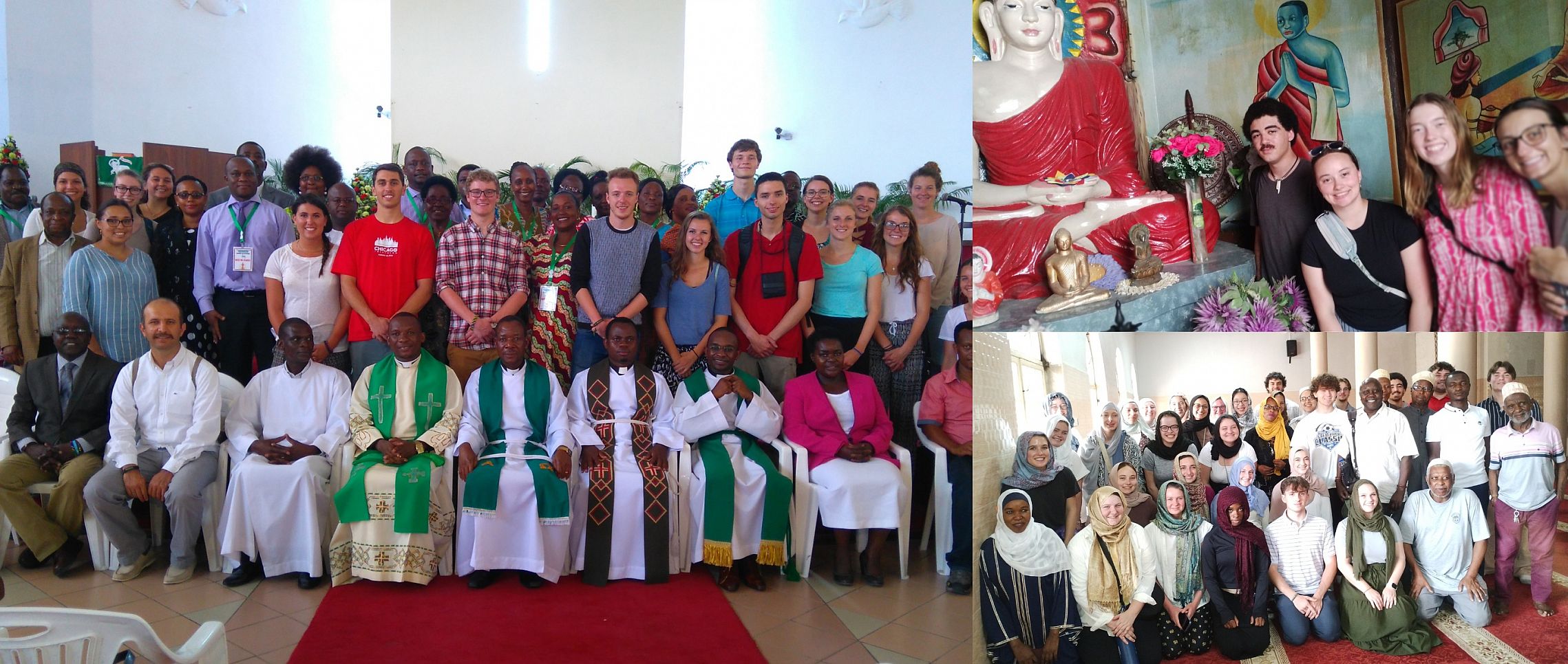 A three-image collage of students at different religious spaces.