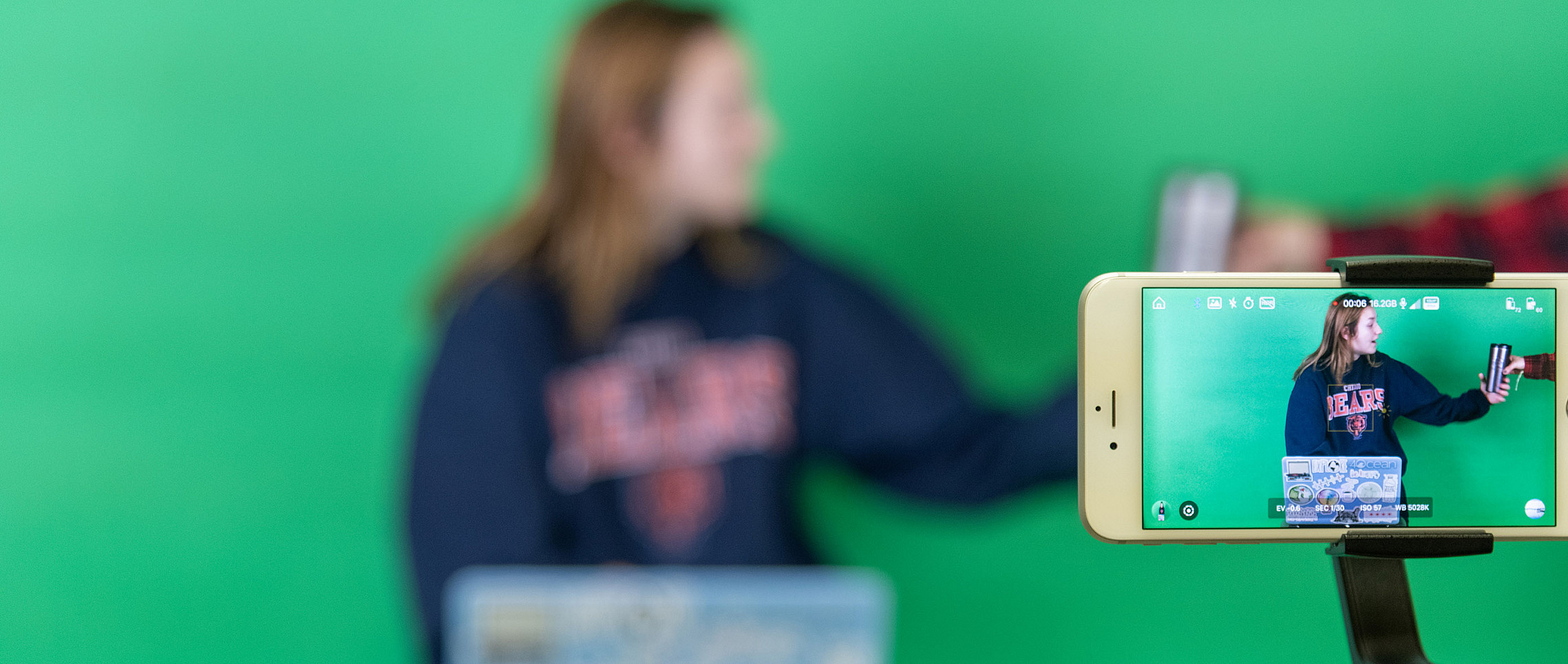 Sara McGann works on her video art in class in fall 2018.