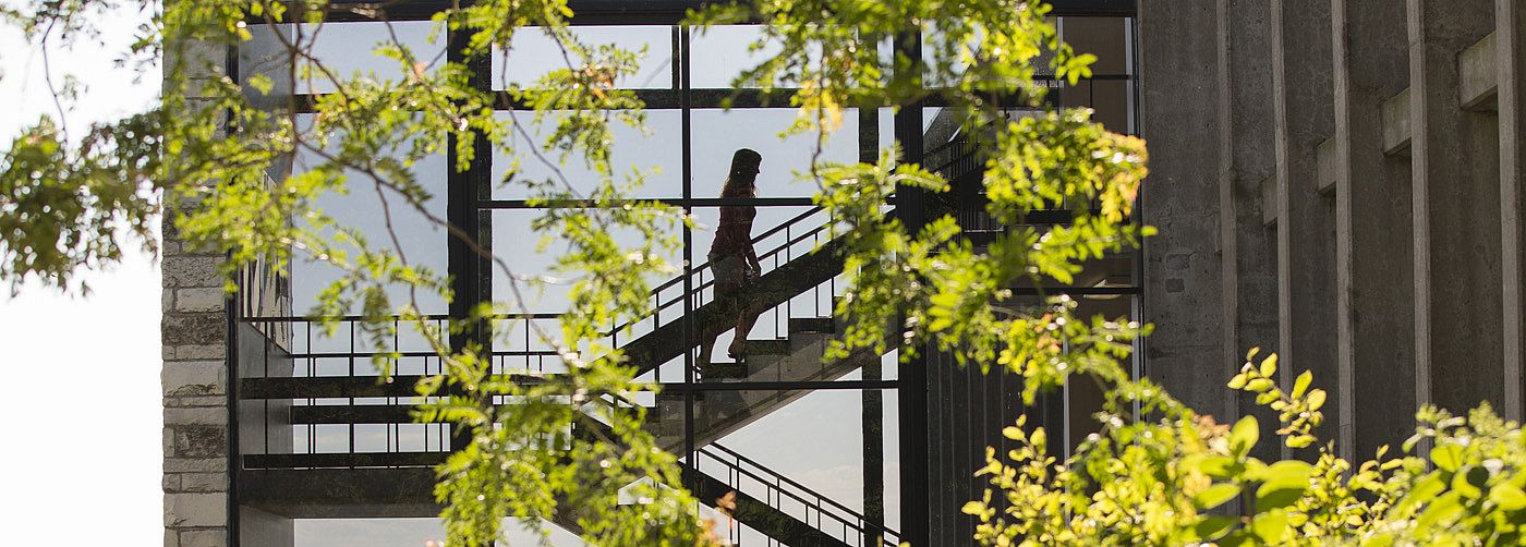 An exterior shot of Lentz Hall looking into the staircase. 
