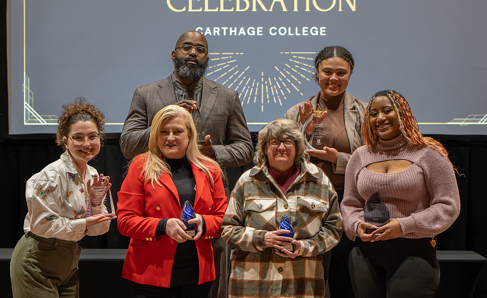 Recipients of Carthage's 2024 Martin Luther King Jr. Legacy Awards included (first row, from left) Grace Chapa '24, Professor Nancy Reese...