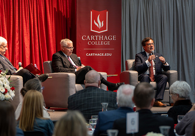 Carthage president John Swallow, right, speaks during The Future of Education, an April 18 event in the Todd Wehr Center. Moderated by Pr...